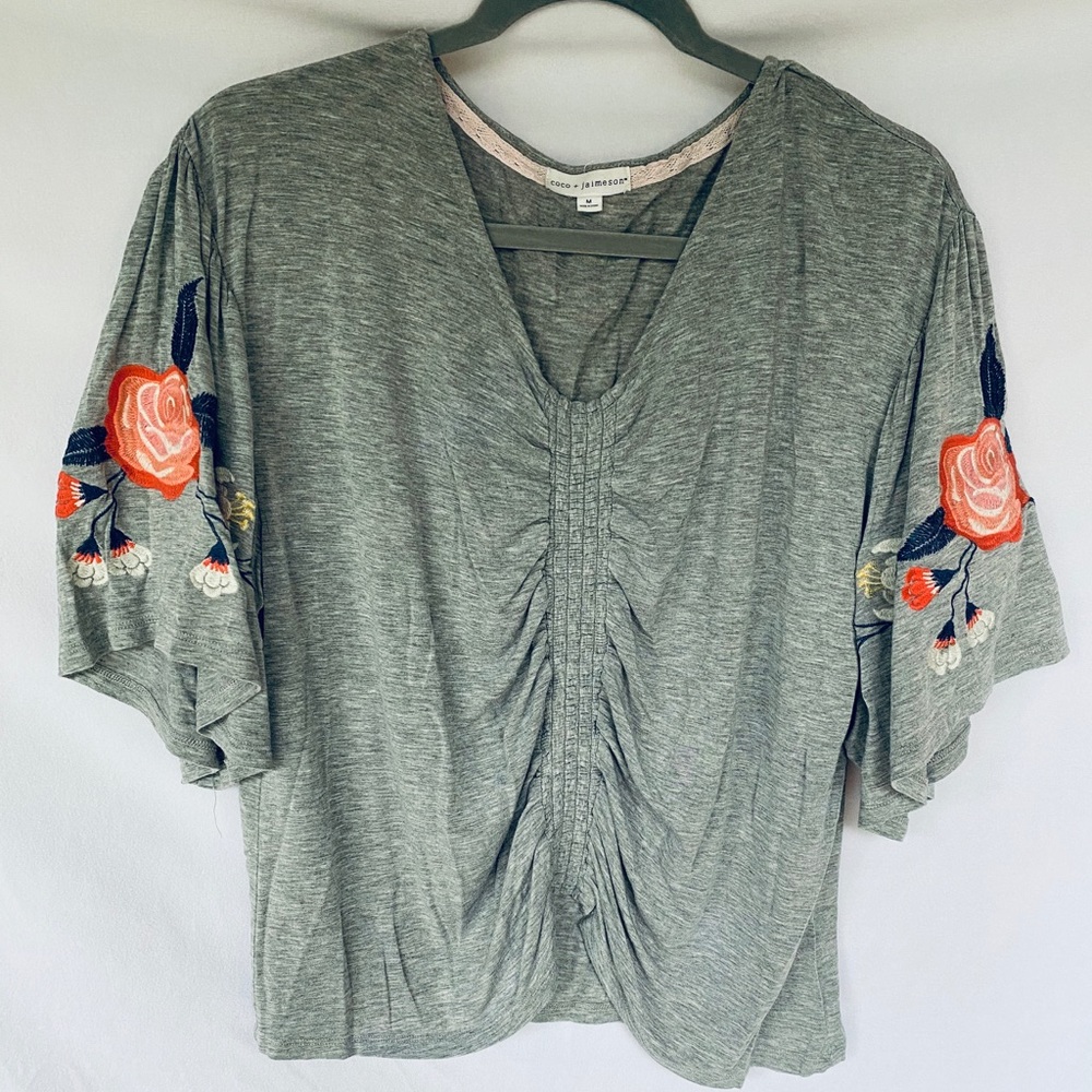Gray embroidered floral butterfly sleeve top